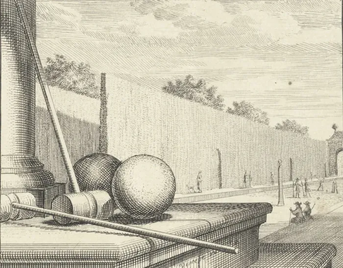 Framed Print : Croquet Attributes with croquet players in the background, 1714. Creator: Vinne, Vincent Laurensz Framed Print : Croquet Attributes with croquet players in the background, 1714. Creator: Vinne, Vincent Laurensz