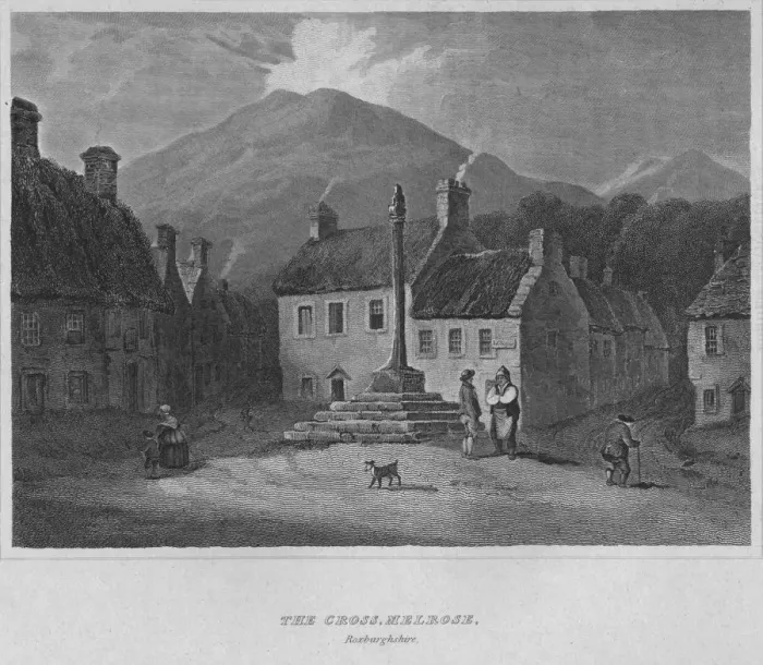 Framed Print : The Cross, Melrose, Roxburghshire, 1814. Artist: John Greig Framed Print : The Cross, Melrose, Roxburghshire, 1814. Artist: John Greig