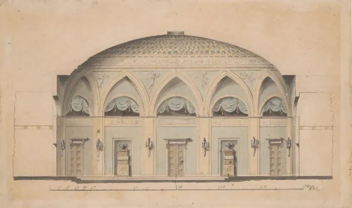 Framed Print : Cross-Section of a Domed Room with Urns and Candelabra, ca. 1800. Creator: Anon Framed Print : Cross-Section of a Domed Room with Urns and Candelabra, ca. 1800. Creator: Anon