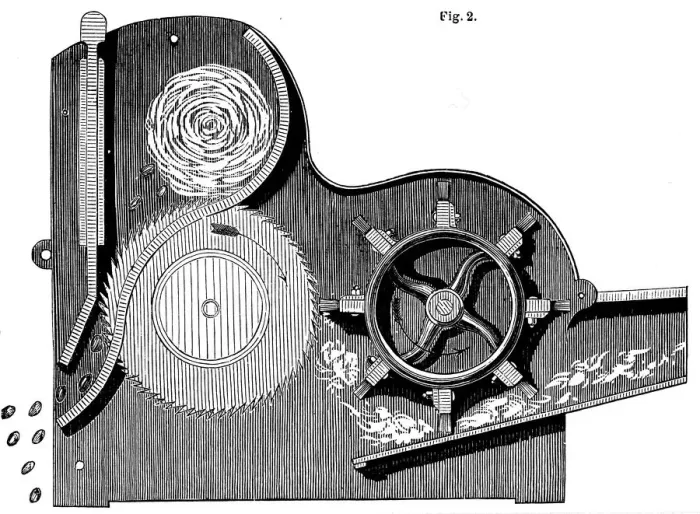 Framed Print : Cross-section of Eli Whitneys (1765-1825) saw-gin for cleaning cotton, 1865