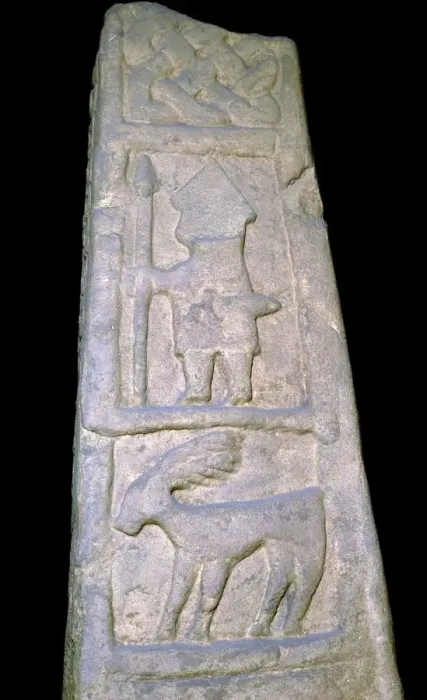 Framed Print : Cross-shaft fragment showing a warrior with sword, spear, 10th century Framed Print : Cross-shaft fragment showing a warrior with sword, spear, 10th century