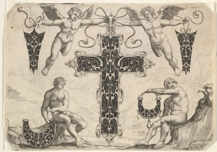 Framed Print : Cross-shaped Pendant and Four Other Motifs, 1622. Creator: Giovanni Battista Costantini Framed Print : Cross-shaped Pendant and Four Other Motifs, 1622. Creator: Giovanni Battista Costantini