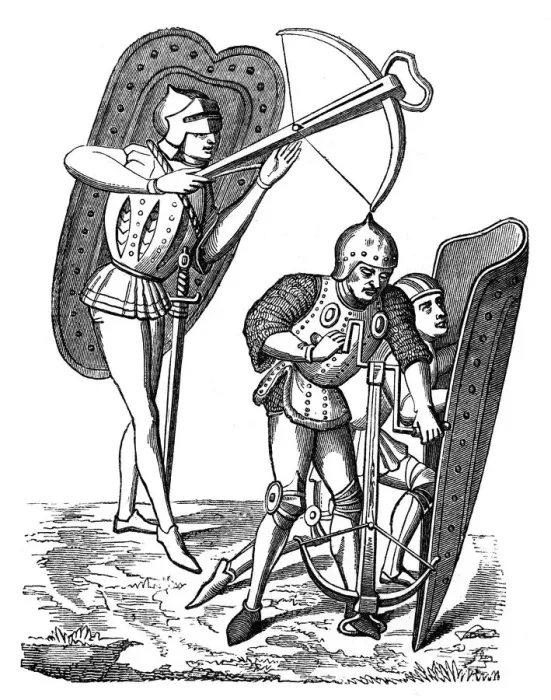 Framed Print : Crossbowman protected by shield bearers, 15th century, (1870) Framed Print : Crossbowman protected by shield bearers, 15th century, (1870)