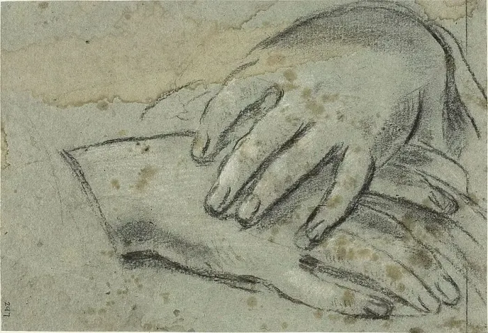 Framed Print : Crossed Hands (recto); Right Foot, Partially Covered by Drapery (verso), 1625 / 29 (r); c1620 (v). Creator: Jacopo Cavedone Framed Print : Crossed Hands (recto); Right Foot, Partially Covered by Drapery (verso), 1625 / 29 (r); c1620 (v). Creator: Jacopo Cavedone