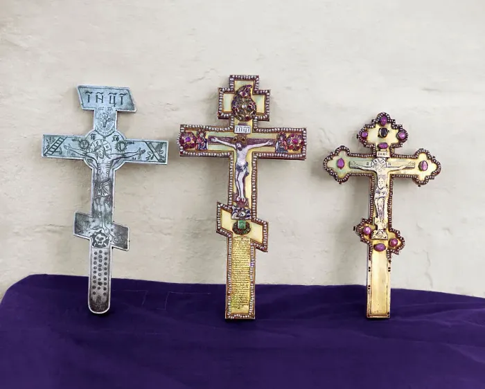 Framed Print : Crosses - A gift from Fedor, Kirill and Nataliia Naryshkin, Trinity Monastery, Aleksandrov, 1911. Creator: Sergey Mikhaylovich Prokudin-Gorsky Framed Print : Crosses - A gift from Fedor, Kirill and Nataliia Naryshkin, Trinity Monastery, Aleksandrov, 1911. Creator: Sergey Mikhaylovich Prokudin-Gorsky
