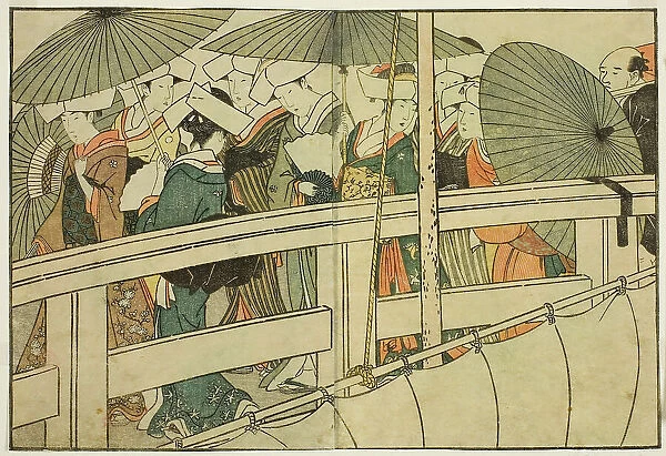 Crossing a Bridge in Summer, from the illustrated book 'Picture Book: Flowers of the Four... 1801. Creator: Kitagawa Utamaro. Crossing a Bridge in Summer, from the illustrated book 'Picture Book: Flowers of the Four... 1801