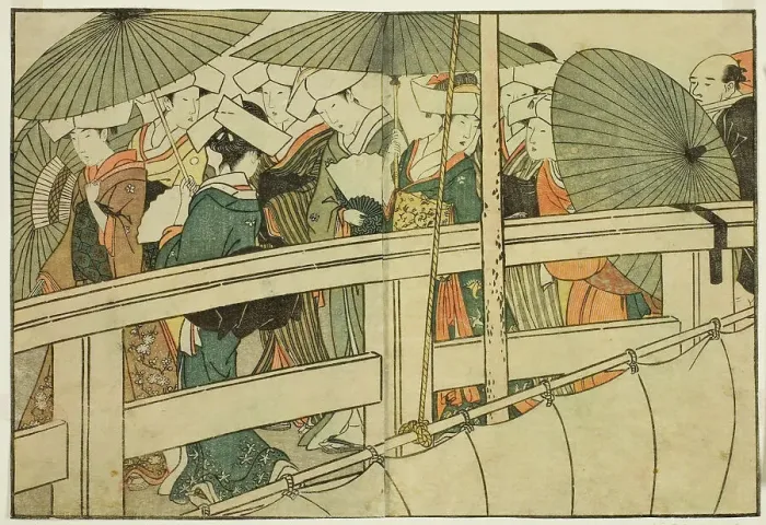Framed Print : Crossing a Bridge in Summer, from the illustrated book Picture Book: Flowers of the Four... 1801. Creator: Kitagawa Utamaro. Crossing a Bridge in Summer, from the illustrated book Picture Book: Flowers of the Four... 1801 Framed Print : Crossing a Bridge in Summer, from the illustrated book Picture Book: Flowers of the Four... 1801. Creator: Kitagawa Utamaro. Crossing a Bridge in Summer, from the illustrated book Picture Book: Flowers of the Four... 1801