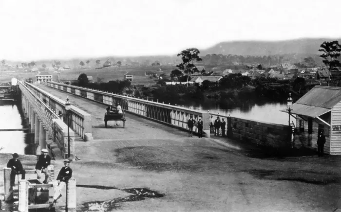 Framed Print : Crossing the first permanent Victoria Bridge, Brisbane, c1874. Creator: Unknown Framed Print : Crossing the first permanent Victoria Bridge, Brisbane, c1874. Creator: Unknown