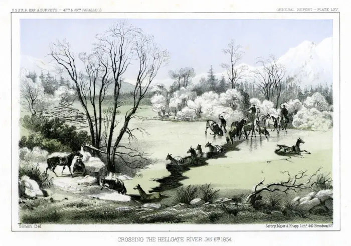 Framed Print : Crossing the Hellgate River, 6 January 1854 (1856). Artist: John Mix Stanley Framed Print : Crossing the Hellgate River, 6 January 1854 (1856). Artist: John Mix Stanley