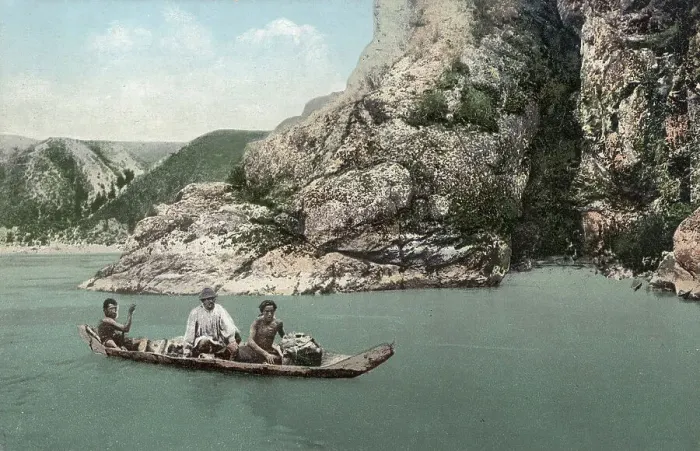 Framed Print : Crossing the Katun River on a Dugout Canoe near Dzhir-Bom, Above the Mouth of the Chui... 1911-13. Creator: Sergei Ivanovich Borisov
