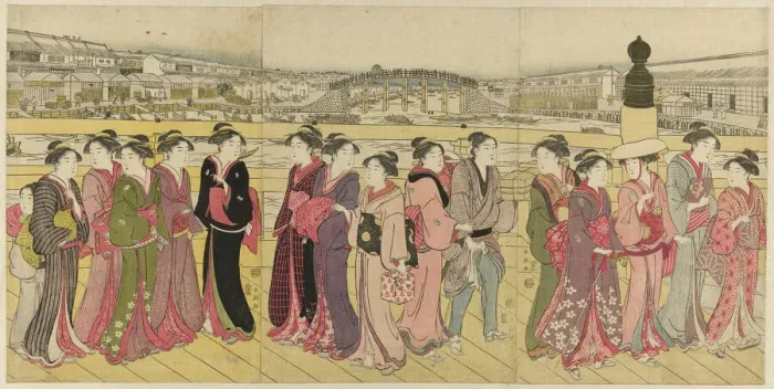 Framed Print : Crossing Nihonbashi Bridge, c. 1790. Creator: Katsukawa Shuncho Framed Print : Crossing Nihonbashi Bridge, c. 1790. Creator: Katsukawa Shuncho