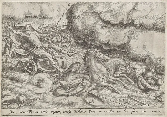 Framed Print : The Crossing of the Red Sea, c.1585. Creator: Jan Wierix Framed Print : The Crossing of the Red Sea, c.1585. Creator: Jan Wierix