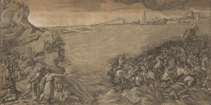 Framed Print : The crossing of the red sea, Moses stands at the left pointing to the army being Framed Print : The crossing of the red sea, Moses stands at the left pointing to the army being