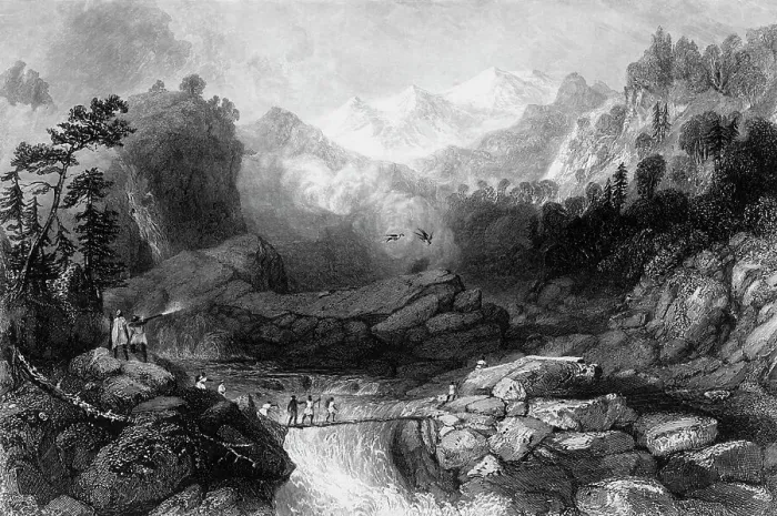 Framed Print : Crossing by a Sangha, near Jumnootree, 1845. Creator: Unknown Framed Print : Crossing by a Sangha, near Jumnootree, 1845. Creator: Unknown