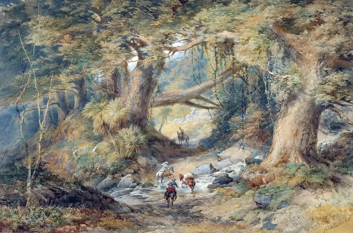 Framed Print : Crossing the Teremakau River, 1876. Creator: Nicholas Chevalier Framed Print : Crossing the Teremakau River, 1876. Creator: Nicholas Chevalier