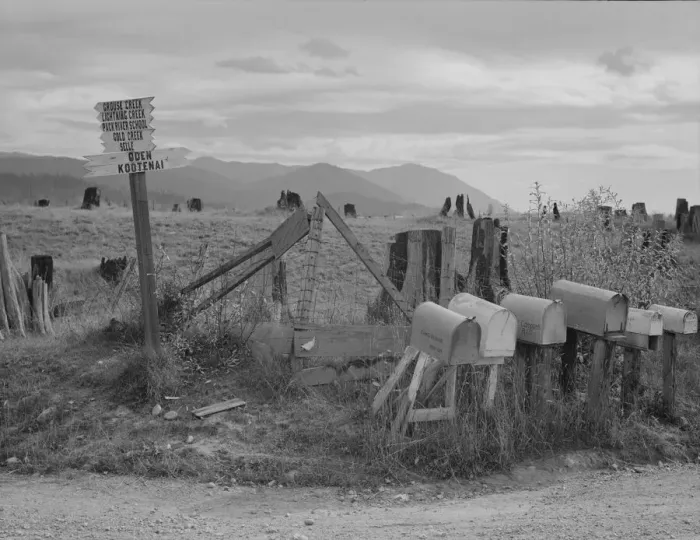 Framed Print : Crossroads off the highway in cut-over area, Boundary County, Idaho, 1939. Creator: Dorothea Lange Framed Print : Crossroads off the highway in cut-over area, Boundary County, Idaho, 1939. Creator: Dorothea Lange