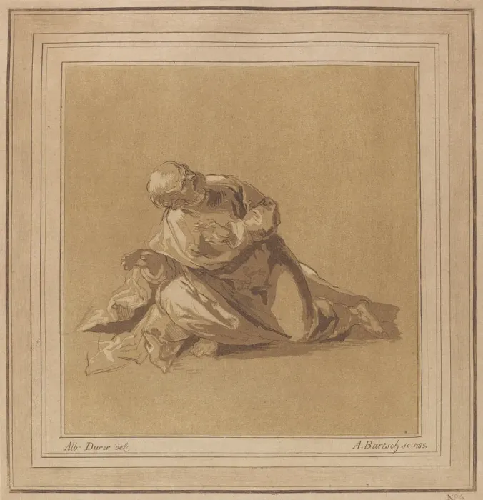 Framed Print : A Crouching Apostle (Saint Peter), 1785. Creator: Adam von Bartsch Framed Print : A Crouching Apostle (Saint Peter), 1785. Creator: Adam von Bartsch