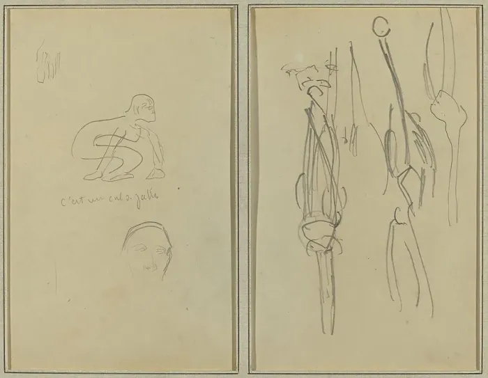 Framed Print : Crouching Monkey and Man's Head; Bones and Muscles [verso], 1884-1888. Creator: Paul Gauguin