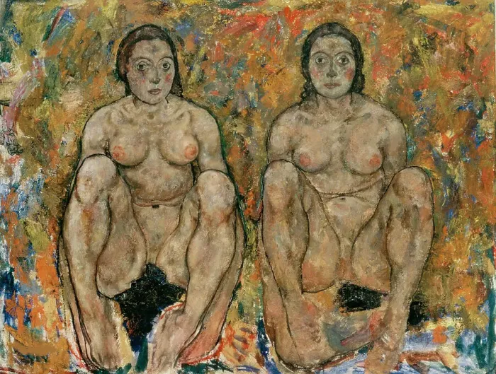 Framed Print : Crouching Woman Couple, 1918. Creator: Schiele, Egon (1890-1918)