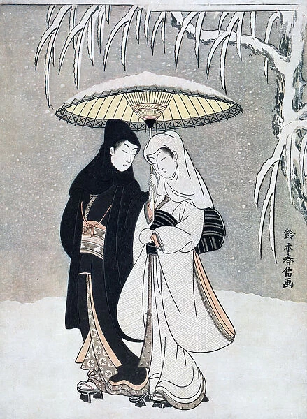 Crow and Heron, or Young Lovers Walking Together under an Umbrella in a Snowstorm, c1769. Artist: Suzuki Harunobu