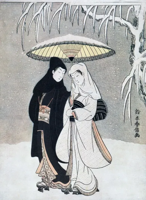 Framed Print : Crow and Heron, or Young Lovers Walking Together under an Umbrella in a Snowstorm, c1769. Artist: Suzuki Harunobu Framed Print : Crow and Heron, or Young Lovers Walking Together under an Umbrella in a Snowstorm, c1769. Artist: Suzuki Harunobu