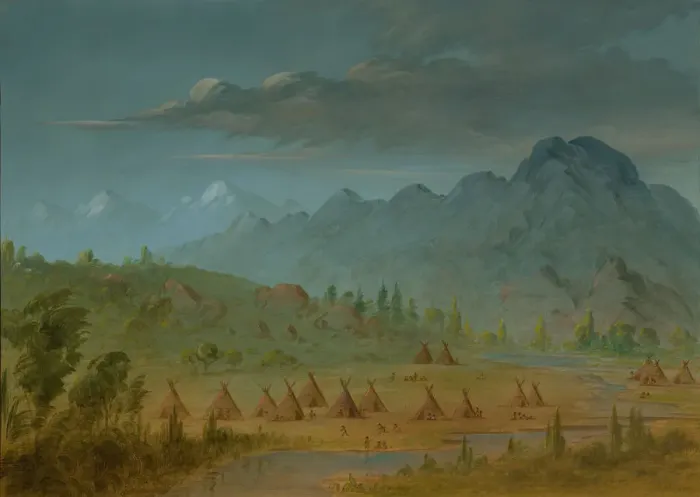 Framed Print : A Crow Village and the Salmon River Mountains, 1855 / 1869. Creator: George Catlin Framed Print : A Crow Village and the Salmon River Mountains, 1855 / 1869. Creator: George Catlin