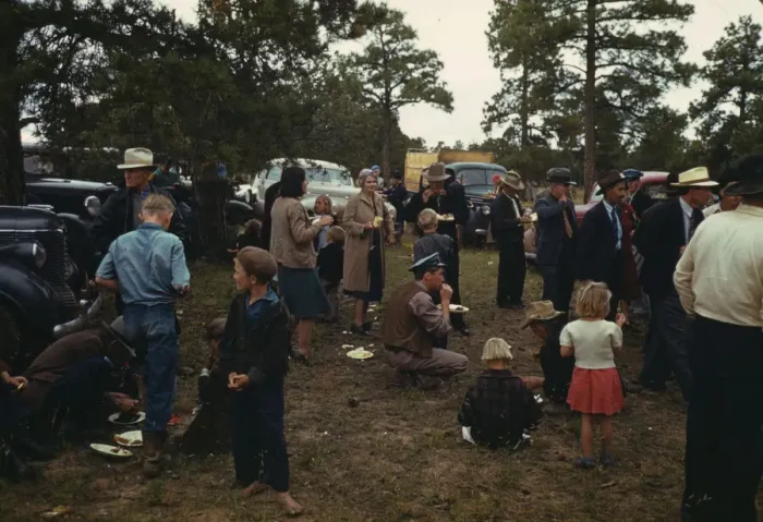 Framed Print : Crowd eating free barbeque dinner at the Pie Town, New Mexico Fair, 1940. Creator: Russell Lee Framed Print : Crowd eating free barbeque dinner at the Pie Town, New Mexico Fair, 1940. Creator: Russell Lee