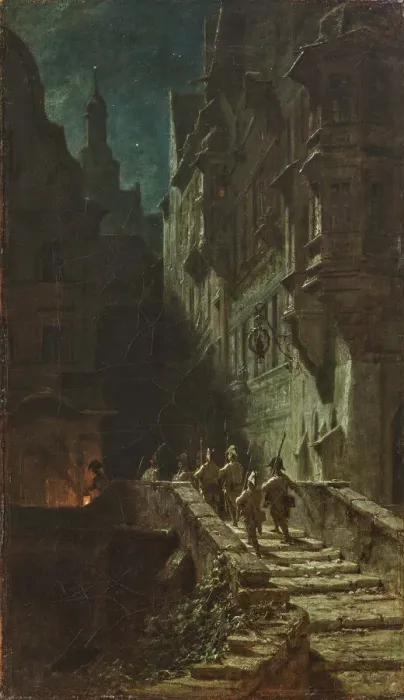 Framed Print : Crowd Guard (Night Round). Creator: Spitzweg, Carl (1808-1885) Framed Print : Crowd Guard (Night Round). Creator: Spitzweg, Carl (1808-1885)