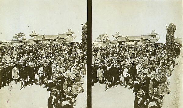 A crowd of Japanese soldiers; Chinese coolies in right foreground, Manchuria, c1905. Creator: Underwood & Underwood. A crowd of Japanese soldiers; Chinese coolies in right foreground, Manchuria, c1905. Creator: Underwood & Underwood