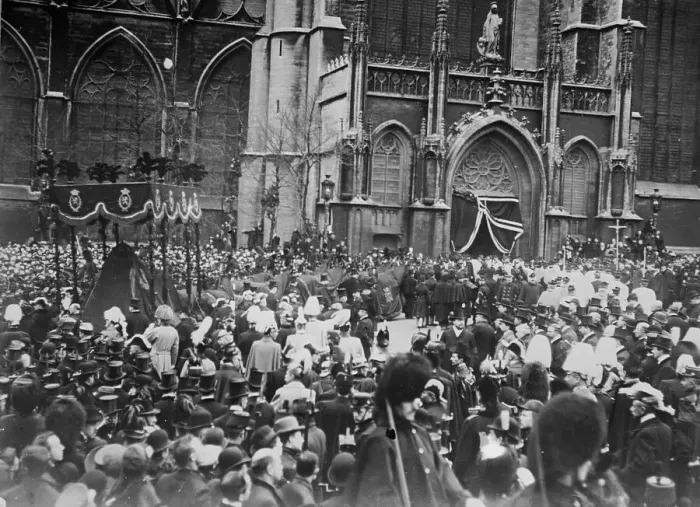 Framed Print : Crowd outside church allowing funeral cortege of King Leopold to pass, Belgium, 1910. Creator: Bain News Service Framed Print : Crowd outside church allowing funeral cortege of King Leopold to pass, Belgium, 1910. Creator: Bain News Service