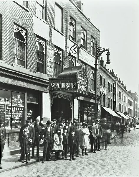 Crowd outside the Russian Vapour Baths, Brick Lane, Stepney, London, 1904