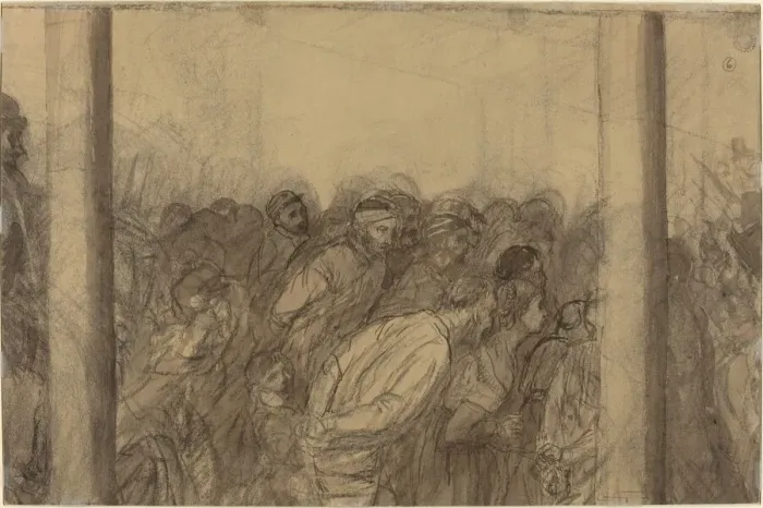 Framed Print : Crowd of People Seen between Two Columns [verso]. Creator: Alphonse Legros