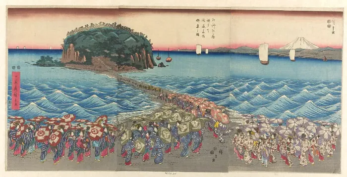 Framed Print : Crowd Visiting Benzaiten Shrine at Enoshima in Sagami Province (Soshu Enoshima... c. 1847 / 52. Creator: Ando Hiroshige) Framed Print : Crowd Visiting Benzaiten Shrine at Enoshima in Sagami Province (Soshu Enoshima... c. 1847 / 52. Creator: Ando Hiroshige)