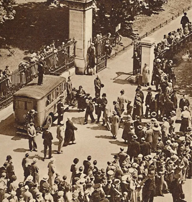 Framed Print : Crowd watches the arrested man taken to police van, 1937 Framed Print : Crowd watches the arrested man taken to police van, 1937