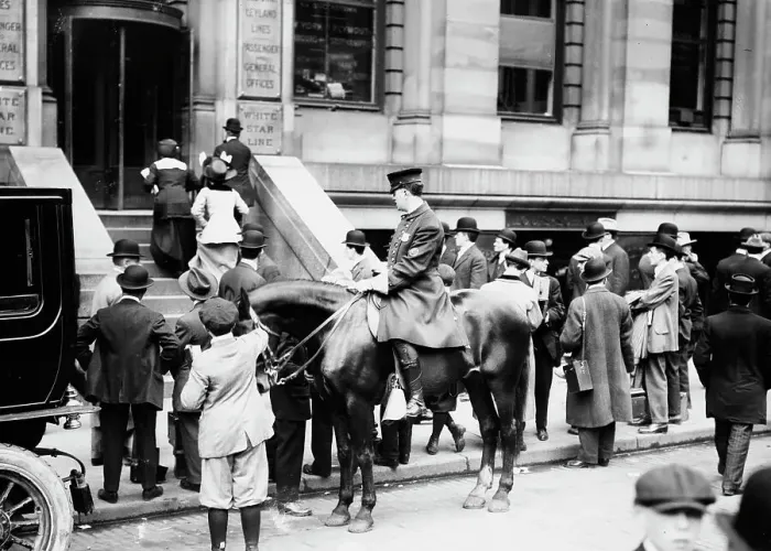 Framed Print : Crowd in front of White Star offices, 1912. Creator: Bain News Service Framed Print : Crowd in front of White Star offices, 1912. Creator: Bain News Service