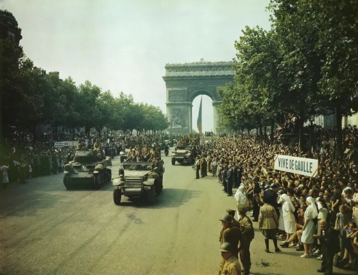 Framed Print : Crowds of French patriots line the Champs Elysees to view Allied tanks and half tracks pass... 1944 Creator: Jack Downey Framed Print : Crowds of French patriots line the Champs Elysees to view Allied tanks and half tracks pass... 1944 Creator: Jack Downey
