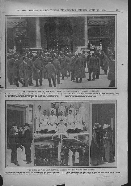 Crowds outside Lloyds of London, chefs on board, and the White Star offices, April 20, 1912