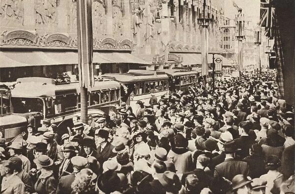 Crowds on Oxford Street during the bank holiday which followed King George VIs coronation, 1937