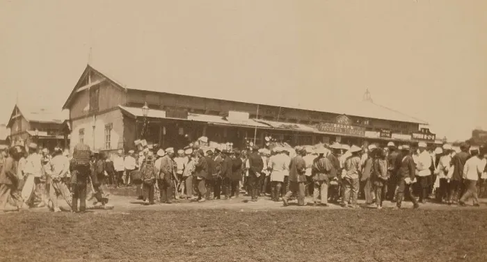 Framed Print : Crowds of people in front of buildings at the marketplace in the center of town... (1899?). Creator: Eleanor Lord Pray Framed Print : Crowds of people in front of buildings at the marketplace in the center of town... (1899?). Creator: Eleanor Lord Pray