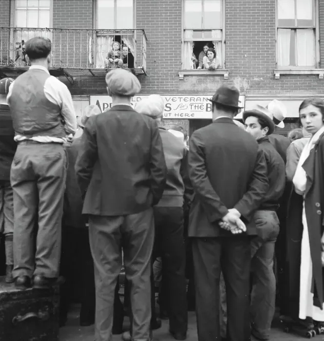 Framed Print : Crowds around post office, Lower East Side, New York, 1936. Creator: Dorothea Lange