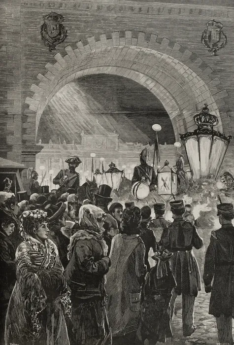 Framed Print : Crowds and soldiers during royal wedding celebrations, Madrid, January 27, 1878. Creator: Andres Ovejero Framed Print : Crowds and soldiers during royal wedding celebrations, Madrid, January 27, 1878. Creator: Andres Ovejero
