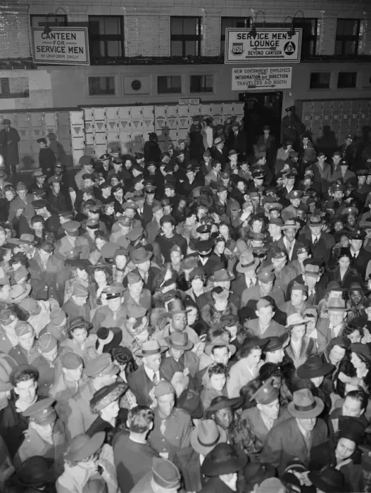 Framed Print : Crowds of soldiers, sailors, and civilians waiting to board trains at... Washington, D.C. 1942. Creator: Gordon Parks Framed Print : Crowds of soldiers, sailors, and civilians waiting to board trains at... Washington, D.C. 1942. Creator: Gordon Parks