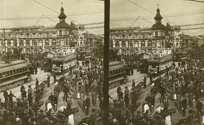 Framed Print : Crowds on a Tokyo street, near the train station(?), during the celebration of Admiral... c1905. Creator: Underwood & Underwood. Crowds on a Tokyo street, near the train station(?), during the celebration of Admiral... c1905 Framed Print : Crowds on a Tokyo street, near the train station(?), during the celebration of Admiral... c1905. Creator: Underwood & Underwood. Crowds on a Tokyo street, near the train station(?), during the celebration of Admiral... c1905