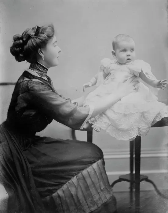 Framed Print : Crown Princess of Sweden holding her child, 1910. Creator: Bain News Service Framed Print : Crown Princess of Sweden holding her child, 1910. Creator: Bain News Service