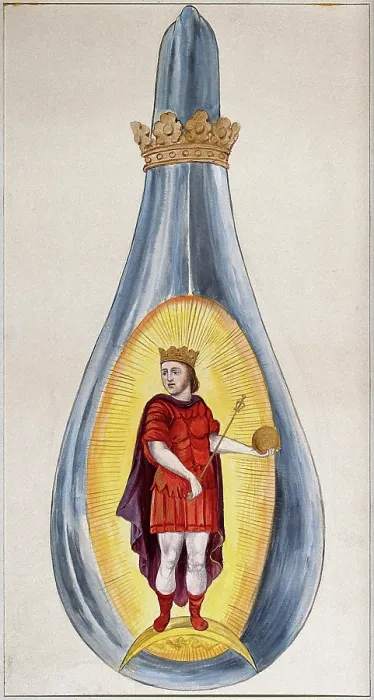 Framed Print : A crowned alchemical flask containing a young king, dressed in red, representing the... 1900-1909. Creator: Edith Annie Ibbs Framed Print : A crowned alchemical flask containing a young king, dressed in red, representing the... 1900-1909. Creator: Edith Annie Ibbs