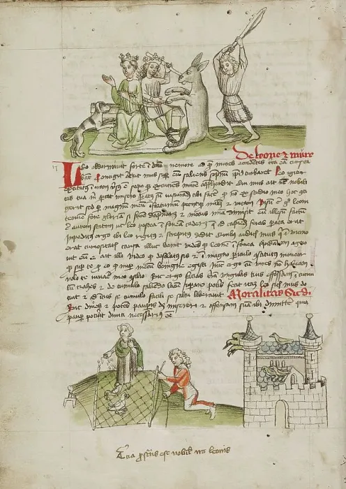Framed Print : A Crowned Couple with a Dog and a Donkey: A Woman Feeding a Bird... third quarter of 15th century. Creator: Unknown Framed Print : A Crowned Couple with a Dog and a Donkey: A Woman Feeding a Bird... third quarter of 15th century. Creator: Unknown