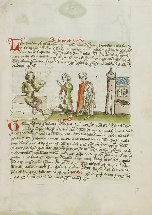 Framed Print : A Crowned Judge Enthroned Speaking to a Man with a Black Bird; Fables, third quarter of 15th century Creator: Unknown Framed Print : A Crowned Judge Enthroned Speaking to a Man with a Black Bird; Fables, third quarter of 15th century Creator: Unknown