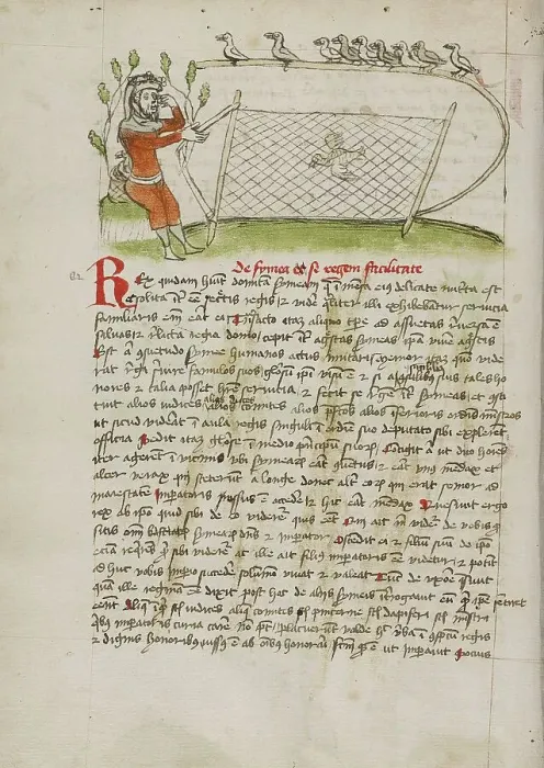 Framed Print : A Crowned Man Pointing to his Eyes and Holding a Net over a Bird, third quarter of 15th century. Creator: Unknown Framed Print : A Crowned Man Pointing to his Eyes and Holding a Net over a Bird, third quarter of 15th century. Creator: Unknown