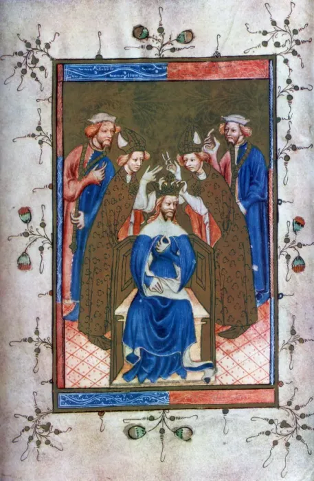 Framed Print : Crowning of a King, from the Liber Regalis, Westminster Abbey, 14th century, (1937) Framed Print : Crowning of a King, from the Liber Regalis, Westminster Abbey, 14th century, (1937)