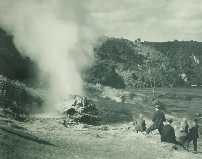 Framed Print : The Crows Nest Geyser at play, the spa grounds, Taupo district. From the album: Record... 1920s. Creator: Harry Moult Framed Print : The Crows Nest Geyser at play, the spa grounds, Taupo district. From the album: Record... 1920s. Creator: Harry Moult